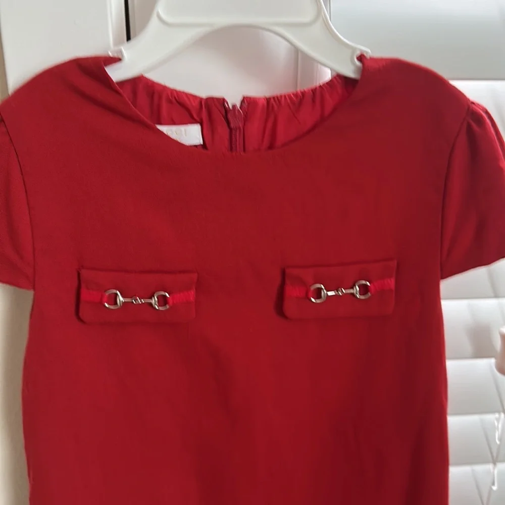 Gucci Red Girls' Short Sleeve Shift Dress with Horsebit Detail